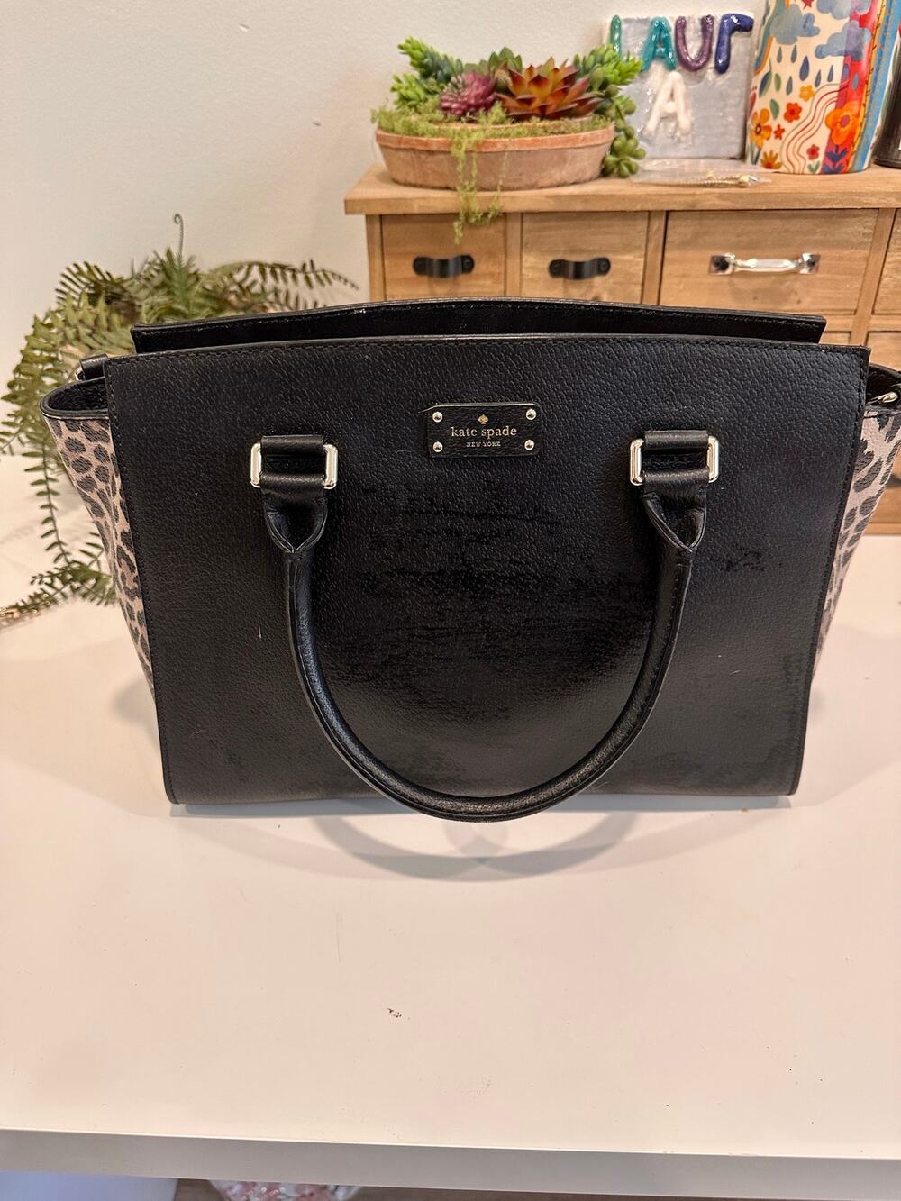 Kate Spade New York Black Leather Leopard Print Tote Satchel